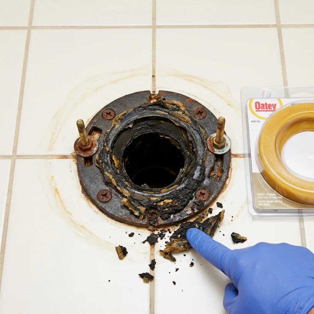 Failed wax ring showing water seepage at the base of a toilet in a Brookfield, IL home