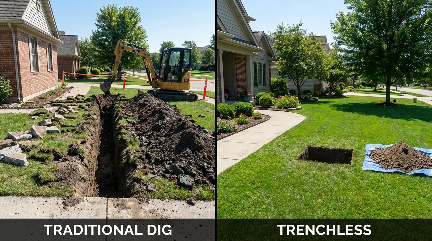 Trenchless sewer repair with minimal yard damage versus traditional excavation in Brookfield, IL